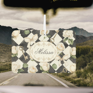 Désodorisant Pour Voiture Fleurs de rose vintage Monogram diamant noir et bl