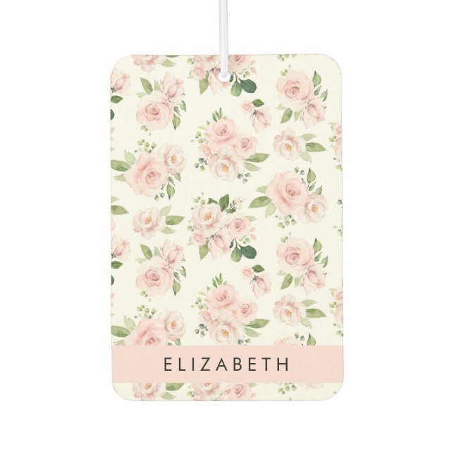 Désodorisant Pour Voiture Fleurs roses, Roses, Fleurs Aquarelles, Votre Nom (Devant)