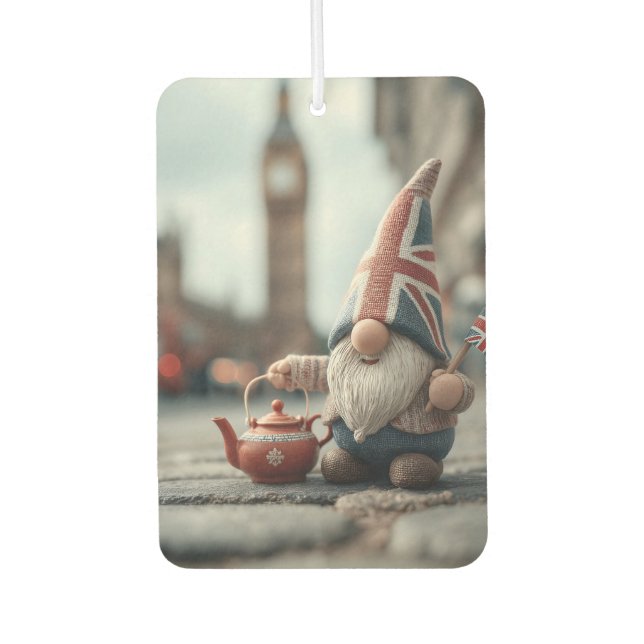 Désodorisant Pour Voiture Gnome britannique avec Casquette Union Jack et thé (Devant)