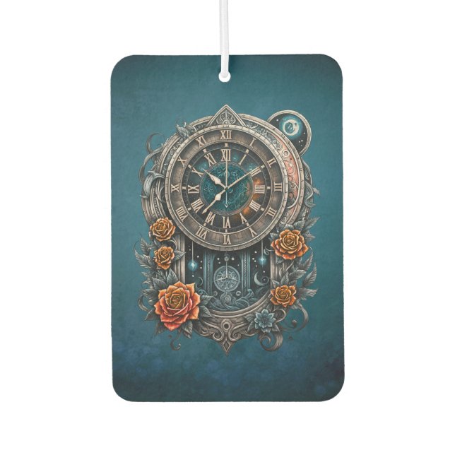 Désodorisant Pour Voiture Horloge Steampunk Ornate avec Roses. (Devant)