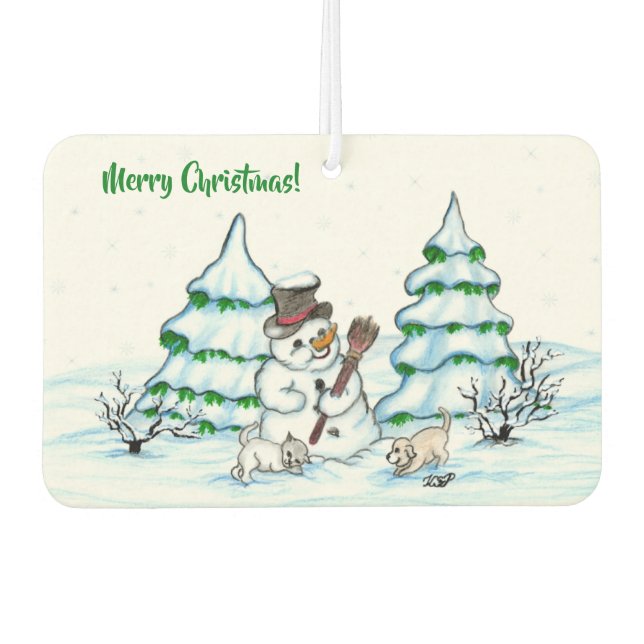Désodorisant Pour Voiture Joyeux Noël ! Snowman avec chat et chiot (Devant)