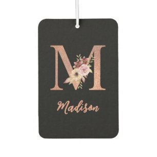 Désodorisant Pour Voiture Lettre M Blush rose Pailleté Monogramme floral
