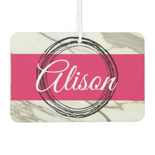 Désodorisant Pour Voiture Marbre blanc et fuchsia rose girly ajouter le nom