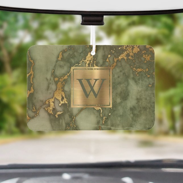 Désodorisant Pour Voiture Marbre doré vert olive élégant Monogramme (Créateur téléchargé)