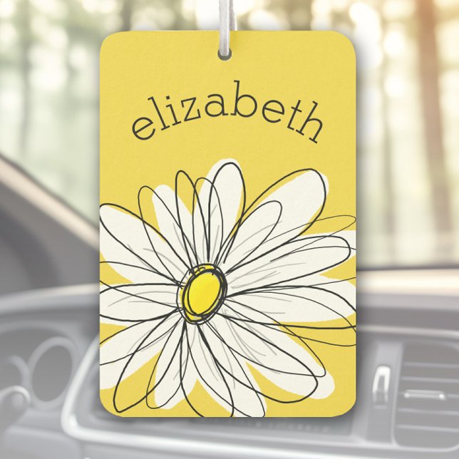 Désodorisant Pour Voiture Marguerite lunaire jaune et blanc avec texte perso (Personalized Car Air Freshener)