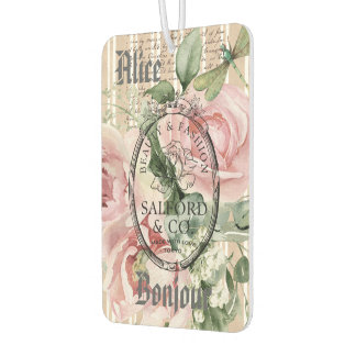 Désodorisant Pour Voiture Monogram Frenchy vintage Ephemera Pink roses chic