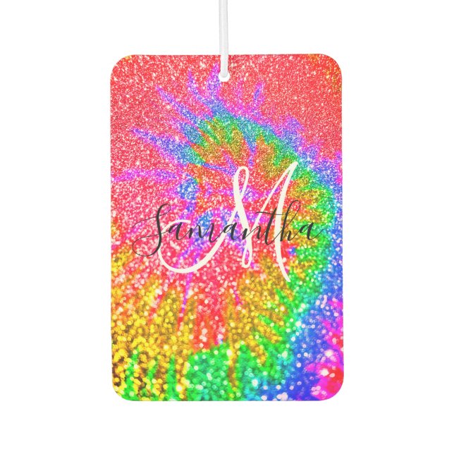Désodorisant Pour Voiture Monogram Rainbow Tie Dye Faux Parties scintillant  (Devant)