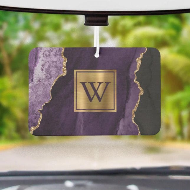 Désodorisant Pour Voiture Monogramme d'agate dorée violette élégante (Créateur téléchargé)