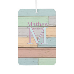 Désodorisant Pour Voiture monogramme en bois coloré pastel rustique année d'