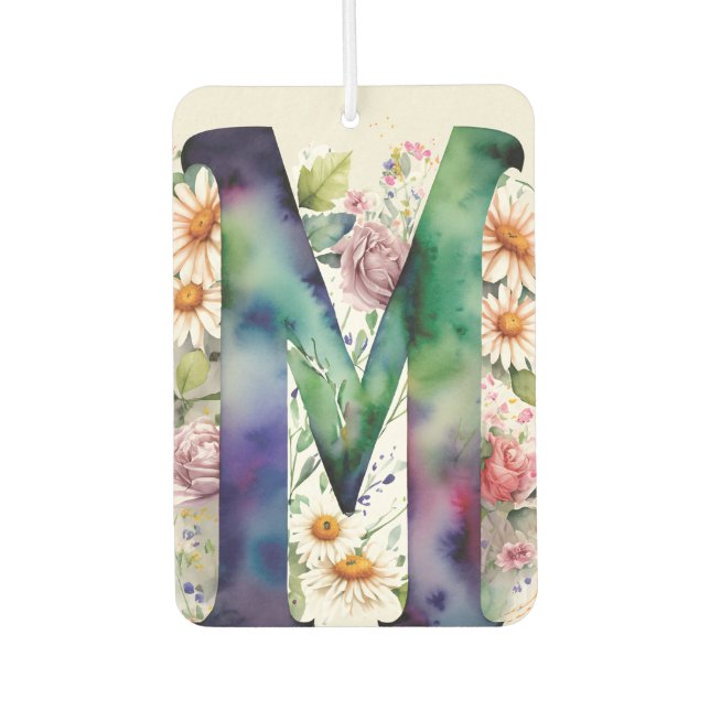 Désodorisant Pour Voiture Monogramme personnalisé Fleurs d'aquarelle colorée (Devant)