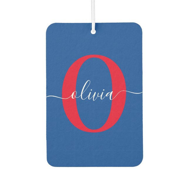 Désodorisant Pour Voiture Monogramme personnalisé Nom du script Bleu Blanc R (Devant)