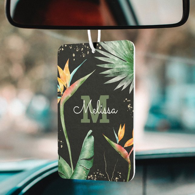 Désodorisant Pour Voiture Monogramme Tropical Palm Foliage Or Noir Script (Créateur téléchargé)