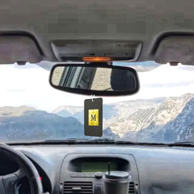 Désodorisant Pour Voiture Noir à panneaux en or II (This Gold-Paneled Black-II Air Freshener, ìs two-sided with two, different monogram initials!)