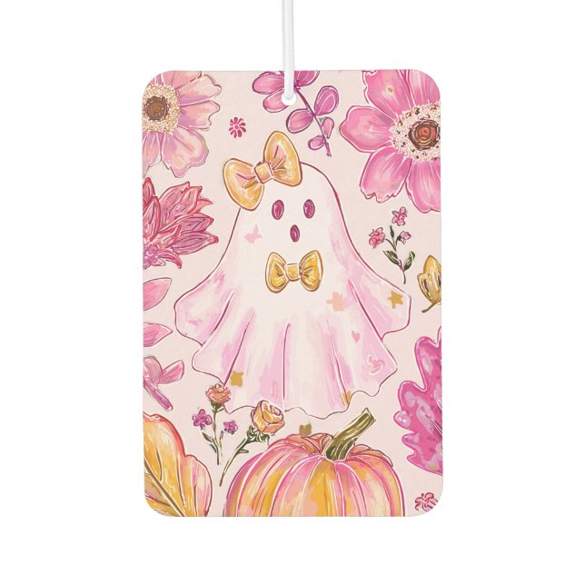 Désodorisant Pour Voiture Pastel Pink Halloween Ghost with Flowers and Pumpk (Devant)