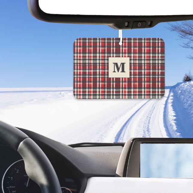 Désodorisant Pour Voiture Rouge Tartan Plaid Stylish Monogramme Voiture d'hi (A car air freshener with tartan plaid pattern in red, charcoal gray and white, with monogram initial)