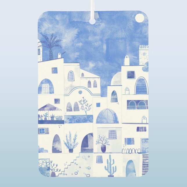 Désodorisant Pour Voiture Santorin Grèce bleu et blanc aquarelle Art (Santorini Greek island watercolor art car vehicle air freshener)