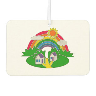 Désodorisant Pour Voiture Scène rurale avec arc-en-ciel et maison de campagn