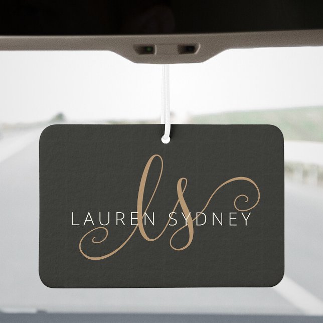 Désodorisant Pour Voiture Script féminin Black Gold moderne Monogramme (Créateur téléchargé)