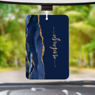 Désodorisant Pour Voiture Signature personnalisée bleu marine agate dorée