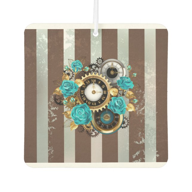 Désodorisant Pour Voiture Steampunk Clock and Turquoise Roses on Striped (Devant)