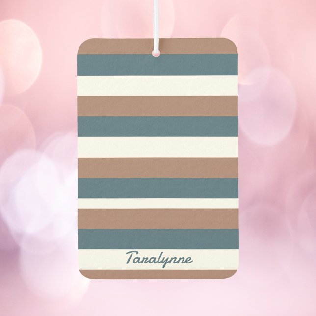 Désodorisant Pour Voiture Stripes Motif Personnaliser Brown Turquoise Blanc (An air freshener with brown, teal and white stripes along with text you can personalize!)