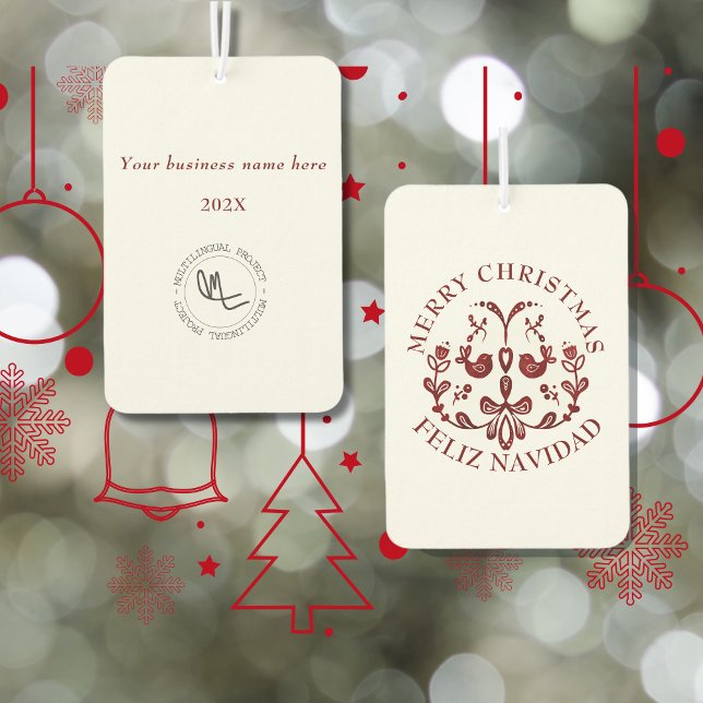 Désodorisant Pour Voiture Texte bilingue espagnol de Noël Oiseaux de Bourgog (Christmas business bilingual air freshener, custom text & language. Marketing. Multilingual Project)