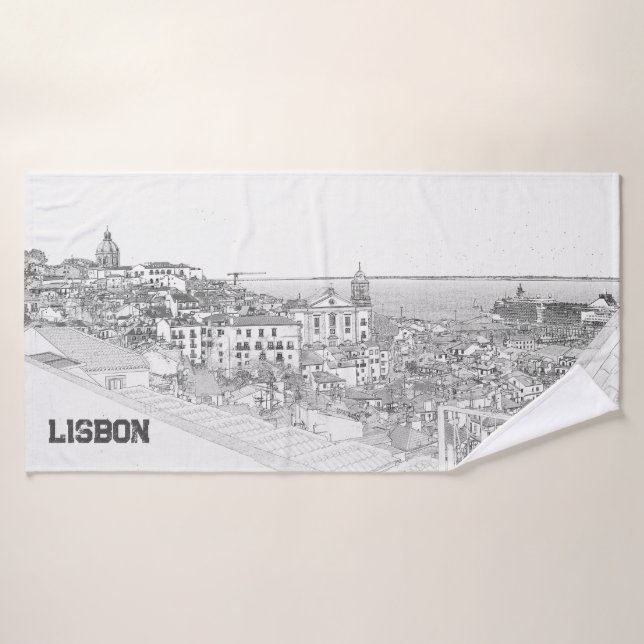 Dessin au crayon du district d'Alfama à Lisbonne (Serviette de bain)
