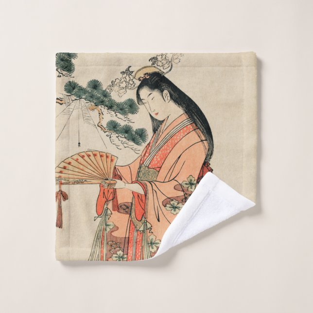 Dessin de bois japonais antique avec une femme (Gant de toilette)