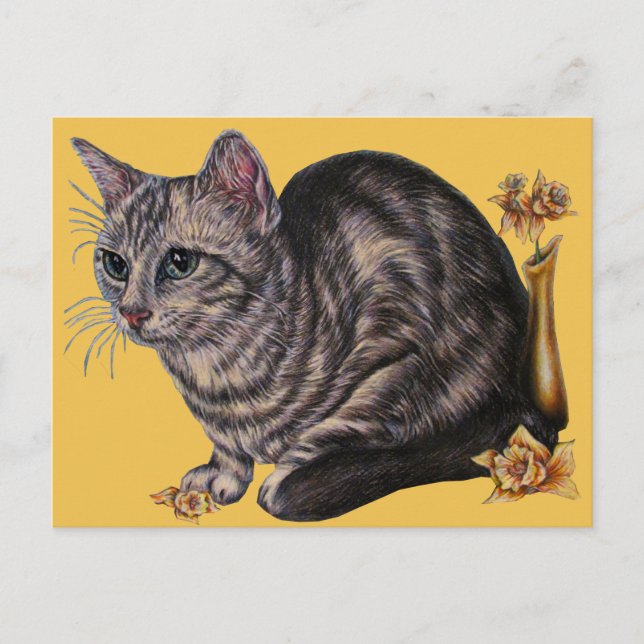 Dessin de chat avec Daffodiles sur carte postale (Devant)