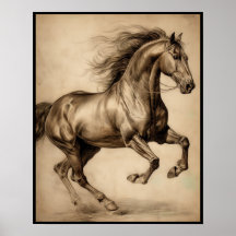 Dessin de cheval, affiche au crayon de charbon