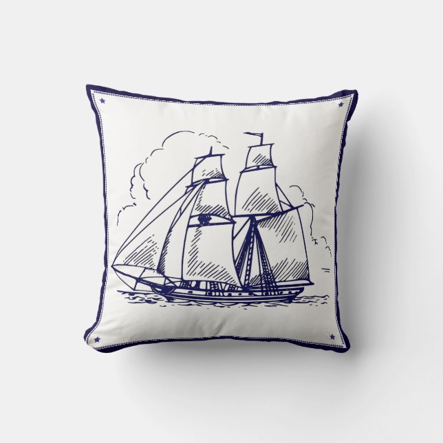 Dessin de ligne de navire bleu sur Coussin blanc (Recto)