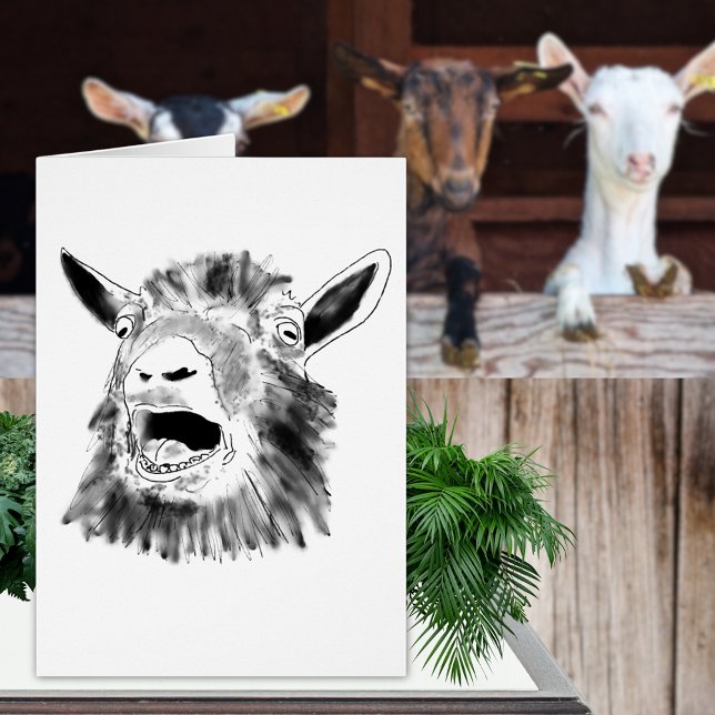 Dessin drôle de chèvre hurlant (Funny screaming goat drawing black and white greetings card simple fun farm animal art)