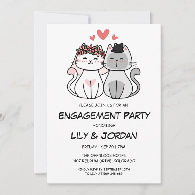 Dessin du couple de chats invitations fiançailles (Devant)