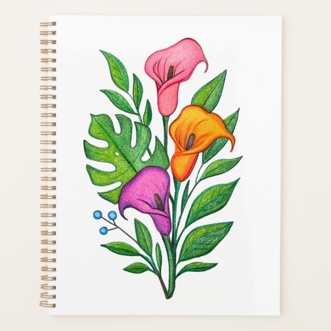 Dessin floral au crayon de couleur aux lys calla (Devant)