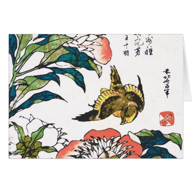 Dessin japonais vintage, Peonies et Bruant (Devant Horizontal)