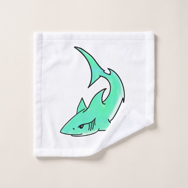 dessin souriant requin menthe bleu vert océan anim (Gant de toilette)