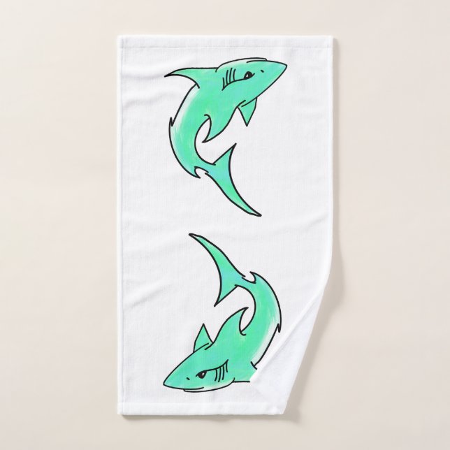 dessin souriant requin menthe bleu vert océan anim (Serviette à main)