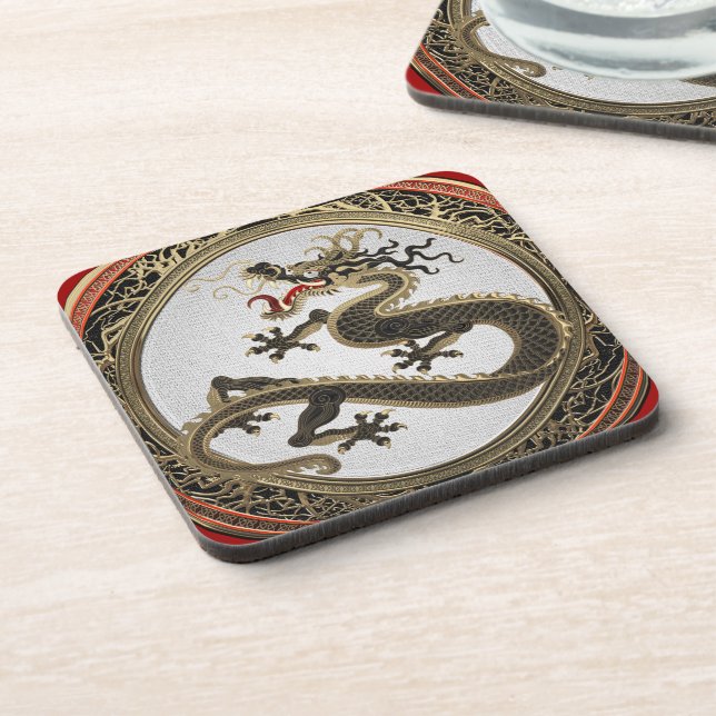 Dessous-de-verre [200] Dragon oriental sacré noir et or (Côté gauche)