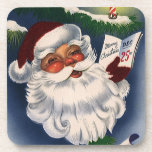Dessous-de-verre 50s Retro Jolly Santa Claus, Vintage Christmas<br><div class="desc">Vintage illustration Christmas holiday design featuring a jolly Santa Claus with a beard and hat holding a calendar page showing December 25th, Christmas Day. This close up portrait of Santa's face also has a tree with a lit candle and snow on the branches. A fun and classic 50s retro kitsch...</div>