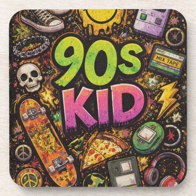 Dessous-de-verre 90s Kids Grunge Seamless Pattern: Pizza, Skeletons (Devant)
