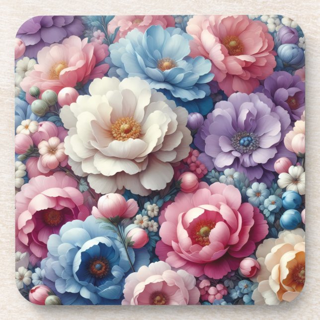 Dessous de verre à dos en liège Fleurs pastel Set  (Devant)