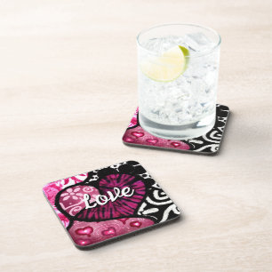 Dessous-de-verre Abstrait coeur d'amour rose Floral Pois noir