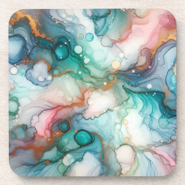 Dessous-de-verre Abstrait en rose, sarcelle, bleu et or (Devant)