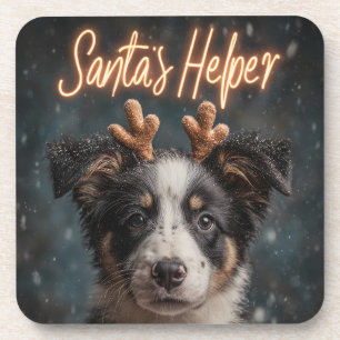 Dessous-de-verre Adorable Bordure Collie Puppy comme Père Noël Help