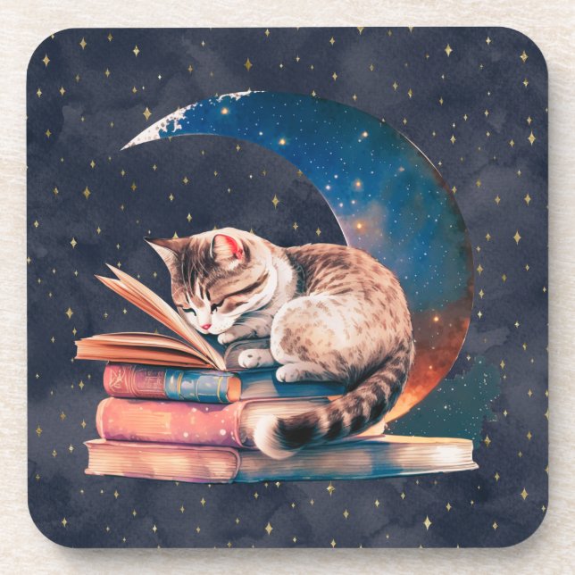 Dessous-de-verre Adorable Chat sur la Lune Lire un livre (Devant)