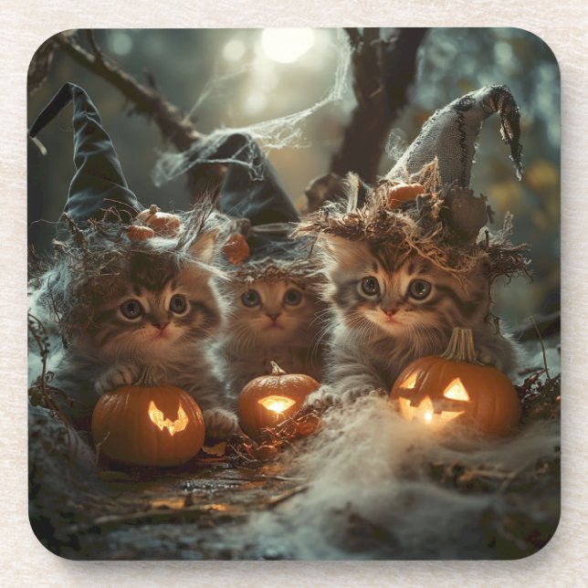 Dessous-de-verre Adorable chatons d'Halloween avec Citrouilles (Devant)