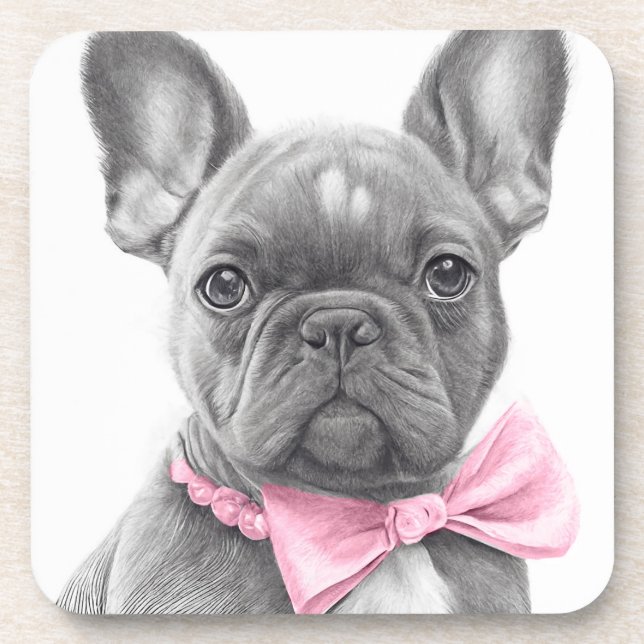 Dessous-de-verre Adorable chiot français bulldog avec un arc rose (Devant)