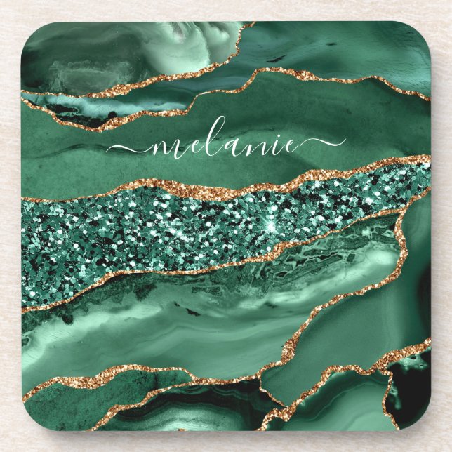 Dessous-de-verre Agate Green Gold Glitter Geode Marble Custom Name (Devant)