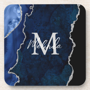 Dessous-de-verre Agate Marbre Bleu Nuit et Argent