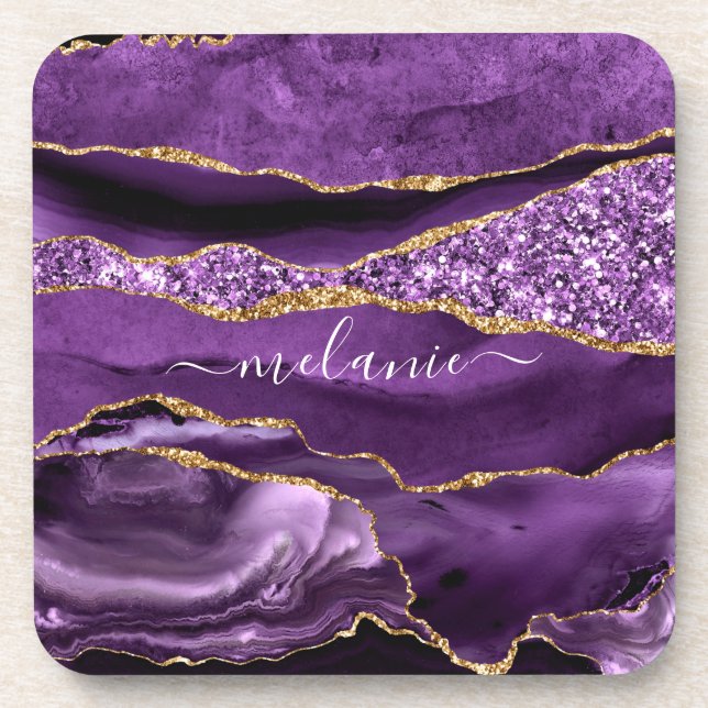 Dessous-de-verre Agate Purple Violet Gold Glitter Geode Custom Name (Devant)